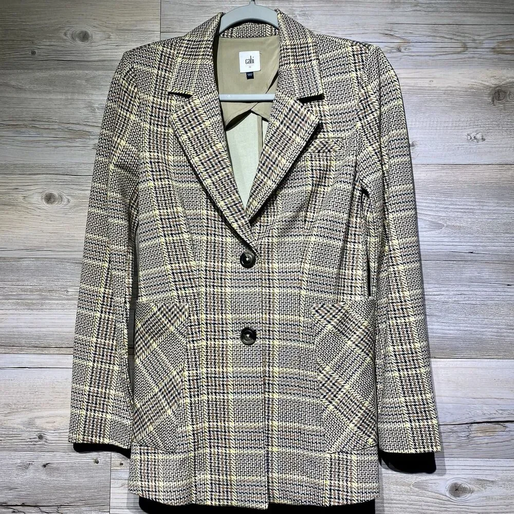 CABI Pastime Blazer #3548 Plaid Jacket Beige Multicolor Size 0 Stretch Academia